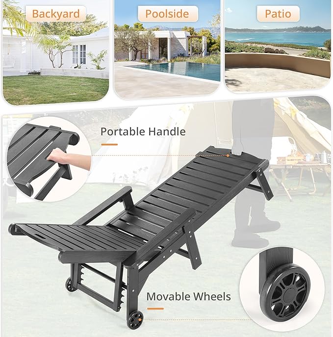 LUE BONA HDPS Chaise Lounge Chair Set of 2, Outdoor Pool Lounge Chairs with Adjustable Backrest, Resin Patio Lounge Chairs with Wheels for Outside, Dark Gray
