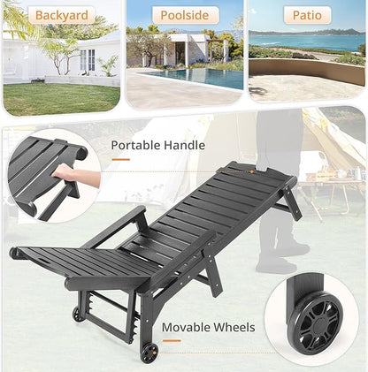 LUE BONA HDPS Chaise Lounge Chair with Table, 2-Piece, Outdoor Pool Lounge Chairs with Adjustable Backrest, Resin Patio Lounge Chairs with Wheels for Outside, Dark Gray
