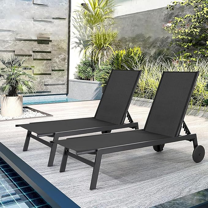 EROMMY Outdoor Lounge Chairs Set of 2 with Wheels – Adjustable Backrest Chaise Lounge, Lightweight Waterproof Pool Furniture for Patio, Garden & Beach