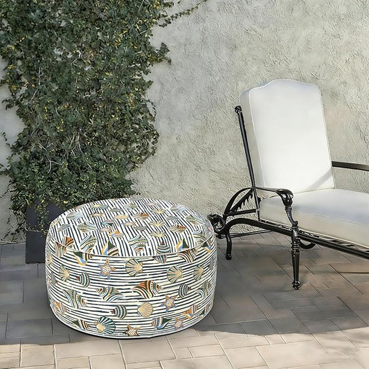 LVTXIII Indoor/Outdoor Extra Large Inflatable Ottoman Pouf D31 x H14 Inch, Round Footstool with Handle, Weather-Resistant Portable Furniture for Patio, Camping, Beach, Cabana Shells