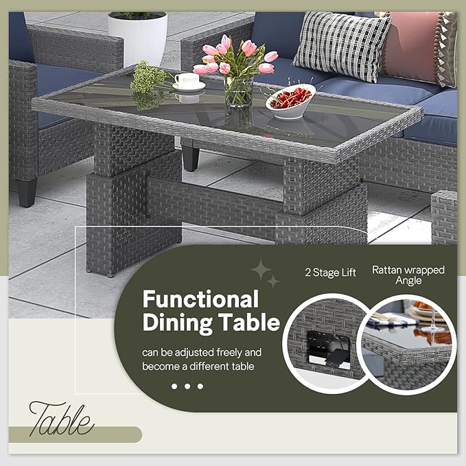 SUNSITT Outdoor Patio Lift Dining Table, Rectangle Patio Coffee Table with Glass Tabletop, Wicker Furniture Multi-Function Dining Table for Backyard, Deck, Garden, Grey