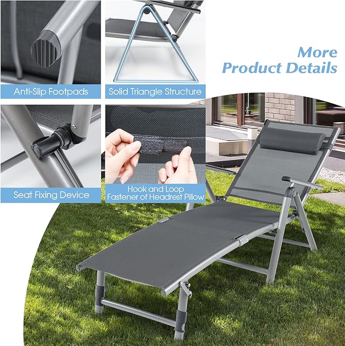 Giantex Outdoor Chaise Lounge Chair - Set of 2 Folding Lounge Chair w/ 8-Level Adjustable Backrests, Aluminum Frame, Cozy Headrest Pillow, Patio Recliner for Backyard Poolside Balcony (2, Gray)