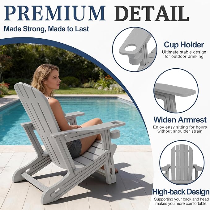 Vongrasig Adirondack Chairs Set of 2 with Removable Tabletop, All-Weather HDPE Outdoor Chair Set with Wooden Textured, Cup Holder for Patio, Poolside, Deck, Garden, Light Grey