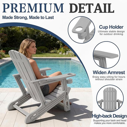 Vongrasig Adirondack Chairs Set of 2 with Removable Tabletop, All-Weather HDPE Outdoor Chair Set with Wooden Textured, Cup Holder for Patio, Poolside, Deck, Garden, Light Grey