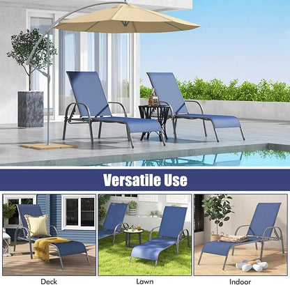 Tangkula Outdoor Lounge Chairs Set of 2, Patio Chaise Lounge with Adjustable Backrest, Reclining Pool Lounge Chairs for Outside with Heavy Duty Steel Frame for Beach, Yard, Balcony, Poolside (Navy)
