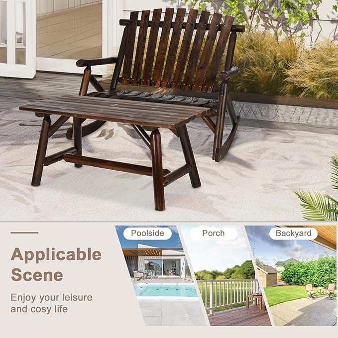 Patio Wooden Rocking Bench, Outdoor Conversation Sets with 2-Seater Adirondack Porch Rocker Loveseat and Coffee Table, Patio Rustic Log Rocker Bench for Deck, Backyard, Garden, Carbonized