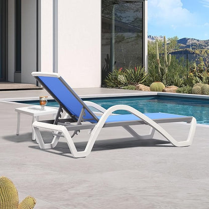 PURPLE LEAF Patio Chaise Lounge Chair Set Outside Aluminum Plastic Stackable Tanning Chairs with Armrests and Side Table for Pool Sunbathing Beach Deck Outdoor Lounger, Royal Blue