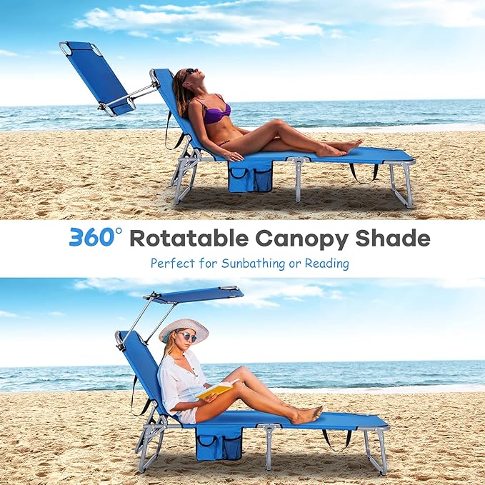 GYMAX Beach Chair with Canopy Shade, Folding Tanning Lounge with Adjustable Backrest, Carry Handle & Side Pocket - Photo 7