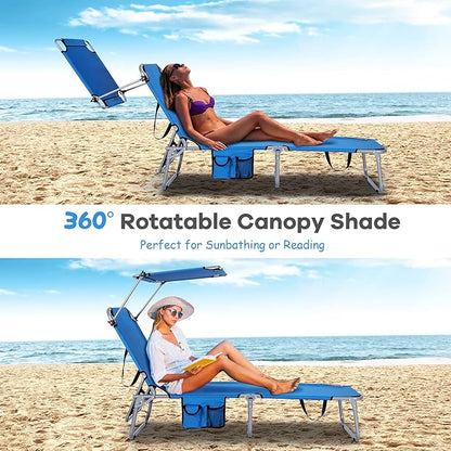 GYMAX Beach Chair with Canopy Shade, Folding Tanning Lounge with Adjustable Backrest, Carry Handle & Side Pocket, Sunbathing Chair for Outside, Patio, Poolside, Lawn (2, Navy)