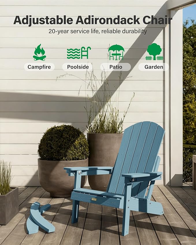 YEFU Adirondack Chairs with Retractable Ottoman: Oversize Adirondack Rocking Chairs - 5-Level Adjustable High Back - Outdoor Rocker with Cup Holder for Porch/Gardens/Lawn/Patio/Backyard/Blue