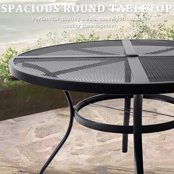 Round Patio Dining Table,All-Weather Metal Steel Mesh Patio Table with Umbrella Hole,Outdoor Dining Table for Lawn Garden Porch, Black