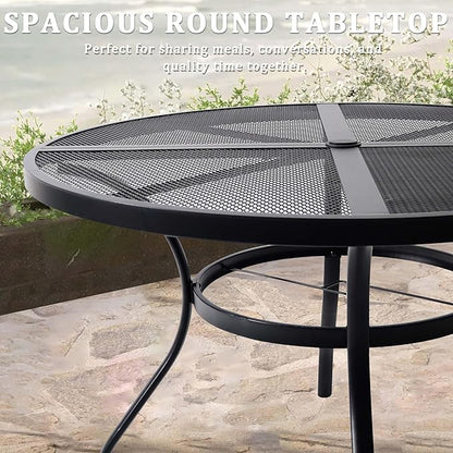 Round Patio Dining Table,All-Weather Metal Steel Mesh Patio Table with Umbrella Hole,Outdoor Dining Table for Lawn Garden Porch, Black