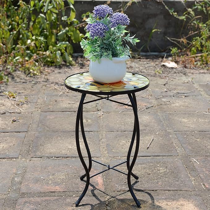 Outdoor Side Table Wasp Round Small Patio Accent Table Indoor End Table for Yard, Garden, Living Room - Photo 2