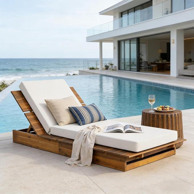 Christopher Knight Home Bard Patio Chaise Lounge Chair Outdoor, Acacia Wood Poolside Sun Lounger with 4-Thick Cushion - Photo 5