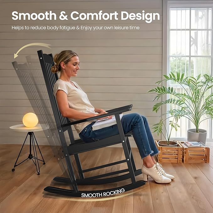 SUPER DEAL Outdoor Wood Rocking Chair for Porch, All Weather Resistant Outdoor Indoor Patio Rocker Chair, Black