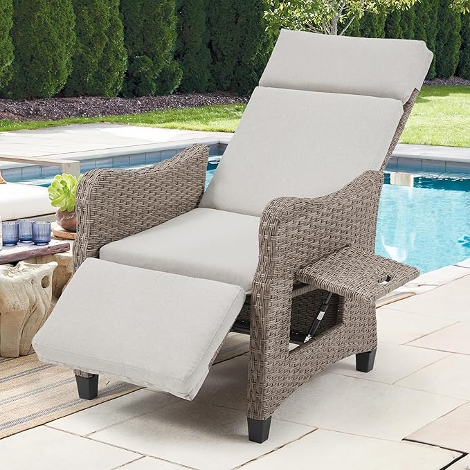HOMREST Outdoor Recliner Chair with Flip-up Table Set of 2, Rattan Armchair with 150°Adjustable Backrest, Wicker Lounge Chair with Integrated Footstool & Removable Cushion for Gardens, Light Gray