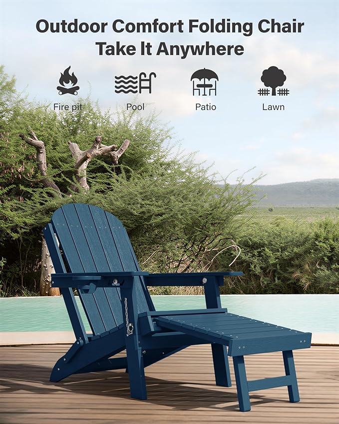 YEFU Adirondack Chair with Retractable Ottoman: Adjustable Folding Adirondack Chairs Set of 2 with Cup Holder - Fire Fit Chairs with Footrest - HDPE Plastic All Weather for Outdoor/Patio/Lawn(Navy)