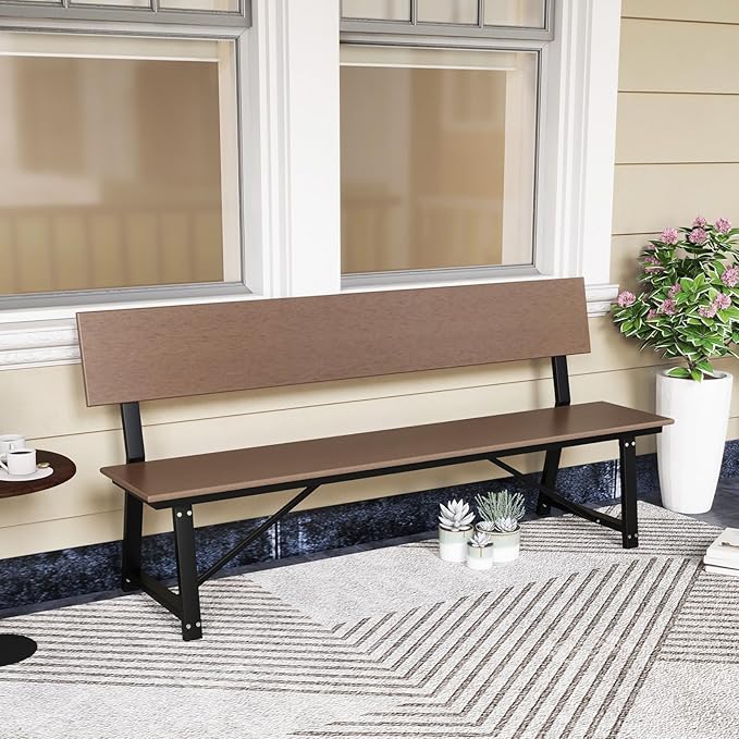 Giantex 72 Inches Outdoor Bench with Weatherproof HDPE Backrest & Seat, Heavy Duty Metal Frame, 1100 Lbs Capacity, Park Bench for 4-Person, Lawn, Porch, Deck, Patio (2, Brown)