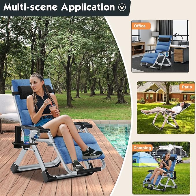 MOPHOTO Zero Gravity Chair, Outdoor Padded Lounge Chair with Side Table, Zero Gravity Recliner Chair, Outdoor Reclining Chair, Sturdy & Comfortable, Supports up to 440lbs