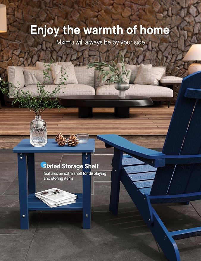 MXIMU Outdoor Side Table for Patio: 16" HIPS Weatherproof Adirondack Table Set of 2 - Small End Tables with Storage for Outside Porch Deck Pool Lawn Garden - 2 Tier Easy Assembly No Maintenance Navy