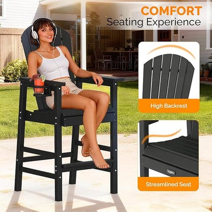 VINGLI Tall Adirondack Chairs Set of 2, All-Weather Plastic Adirondack Chair with Cup Holders, Heavy-Duty HDPE Outdoor Bar Stools for Patio, Balcony, Pool, Backyard (Black, 2 PCS)