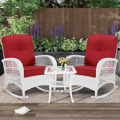 MEETWARM 3 Pieces Patio Conversation Set, Rattan Outdoor Rocking Patio Bistro Set with 2 Rockers and 1 Side Table with 4" Thick Cushions, Outdoor Furniture Set for Porch Backyard, White Wicker/Red