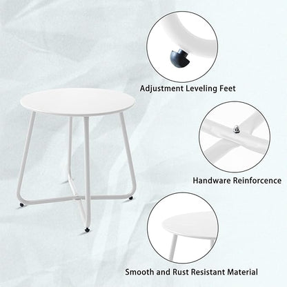 Patio Outdoor Side Table Waterproof Round Metal Steel Small Side Table Weather Resistant Portable Outdoor and Indoor End Table for Garden Balcony Yard, White