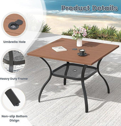 VICLLAX Outdoor Patio Dining Table for 4, Square Metal Table with Umbrella Hole and Storage Shelf for Garden, Lawn, Balcony, Deck, Walnut