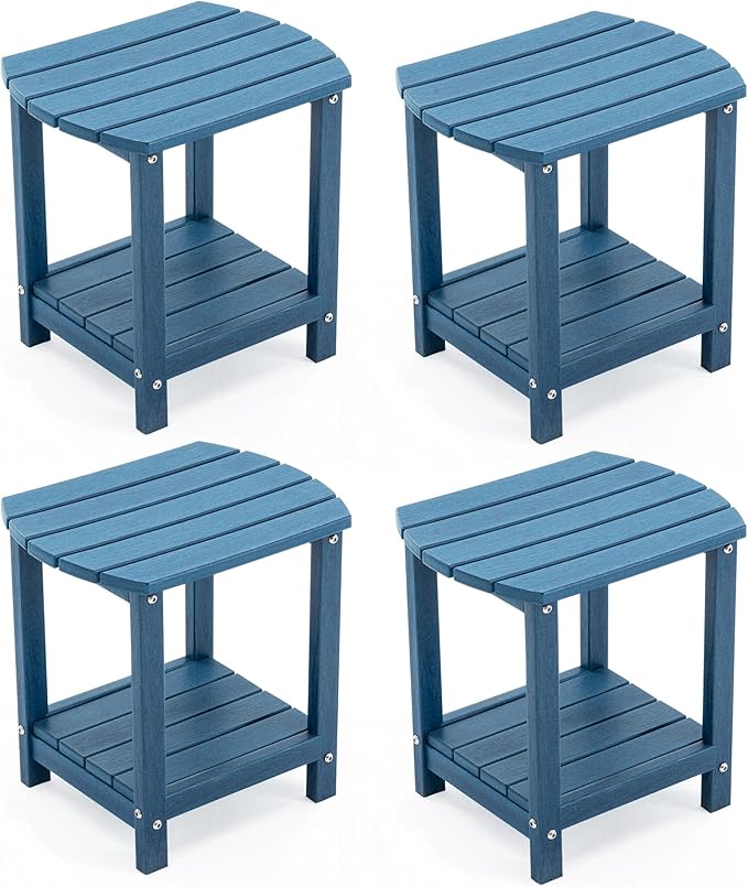 Adirondack Small Outdoor Side Table - Weatherproof HDPE Patio End Table with 2-Tier Storage for Firepit, Balcony, Garden, Poolside or Bathroom (Blue, Set of 4)