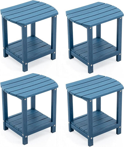 Adirondack Small Outdoor Side Table - Weatherproof HDPE Patio End Table with 2-Tier Storage for Firepit, Balcony, Garden, Poolside or Bathroom (Blue, Set of 4)