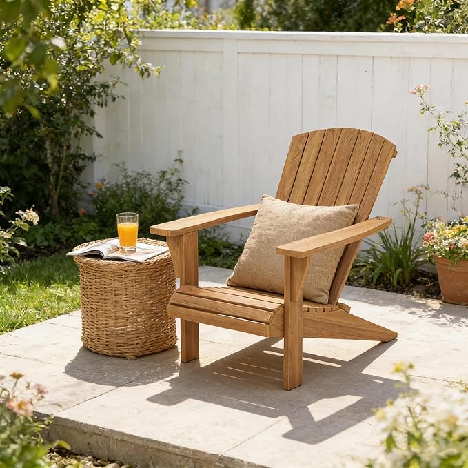 Outdoor Wooden Adirondack Chair, Teak Leisure Line Adirondack Chair All Weather Fire Pit Chair Suitable for Patio Lawn Gardens Terraces Poolside