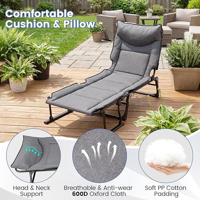 Tangkula 3 in 1 Lounge Chair Outdoor with Cushion, Patio Folding Chaise Lounge Chair with 6-Position Adjustable Backrest & Headrest, Heavy Duty Metal Frame for Pool Lawn Deck Camping