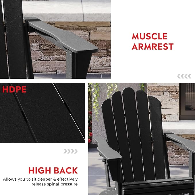 Costaelm Lakeview Outdoor Patio HDPE Adirondack Chairs with Cup Holders (Set of 4), Black