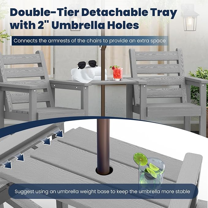 PLUUV Tall Adirondack Chairs Set of 2, All Weather HDPE Poly Bar Height Balcony Adirondack Chair with Removable Double Connecting Trays, Outdoor Adirondack Barstools for Deck, Patio, Yard, Pool, Lawn