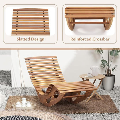 Giantex Acacia Wood Outdoor Rocking Chair, Set of 2 Patio Lounge Chair with Ergonomic Curved & Slatted Seat, High Back, Bottom Stopper, Outside Chaise Lounge, 63”x23.5”x26” Pool Lounger for Porch