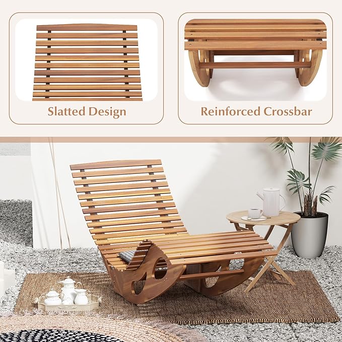 Giantex Acacia Wood Outdoor Rocking Chair, Patio Lounge Chair with Ergonomic Curved & Slatted Seat, High Back, Bottom Stopper, Outside Chaise Lounge, 63”x23.5”x26” Pool Lounger for Porch, Yard (1)