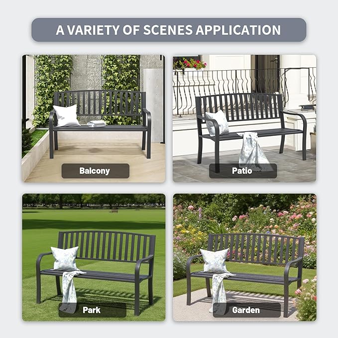 Metal Bench Patio Bench, Outdoor Benches Weatherproof with Slat Backrest, Wrought Iron Garden Benches for Outdoors, Patio, Garden, Park