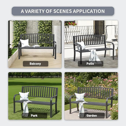Metal Bench Patio Bench, Outdoor Benches Weatherproof with Slat Backrest, Wrought Iron Garden Benches for Outdoors, Patio, Garden, Park