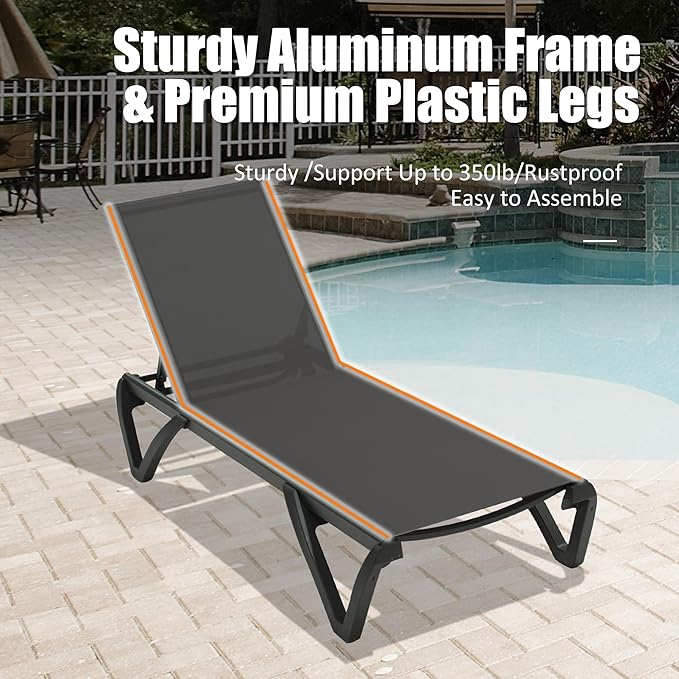Domi Pool Lounge Chairs Set of 2, Aluminum Patio Chaise Lounge with Wheels, 5 Position Adjustable, All Weather Outdoor Lounge Chairs for Beach, Yard, Balcony, Poolside, Dark Grey