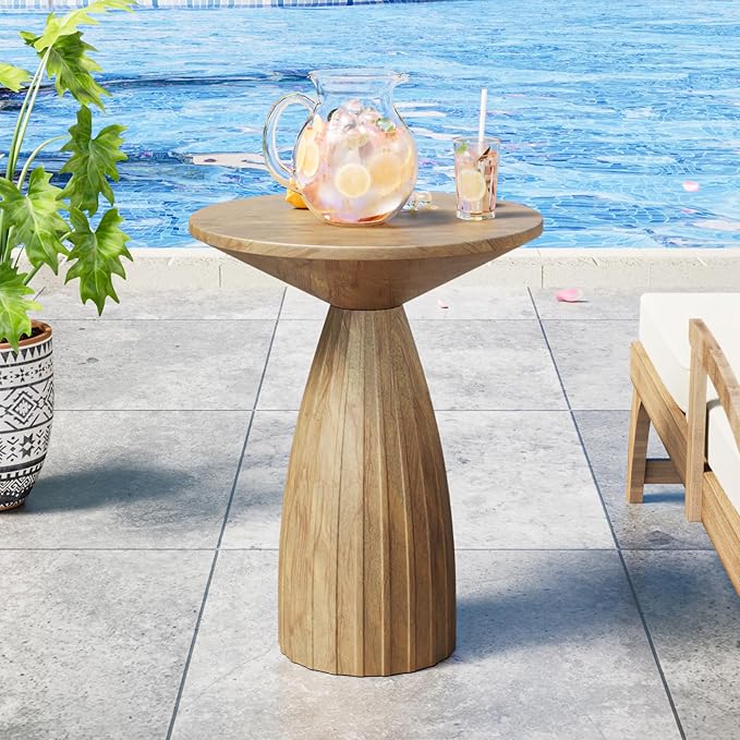 Round Small Patio Side Table Set of 2, Patio Furniture Accent End Table, Metal Steel Outdoor Side Table, for Garden, Pool, Yard, Balcony, Living Room, Deck, Weather Resistant, No Assembly, Wood Color