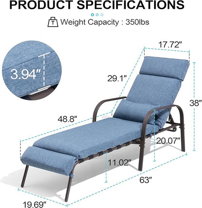 Crestlive Products Adjustable Chaise Lounge Chair with Cushion & Pillow, Outdoor Five-Position Recliner, All Weather for Patio, Beach, Yard, Pool (1PC Dark Blue)