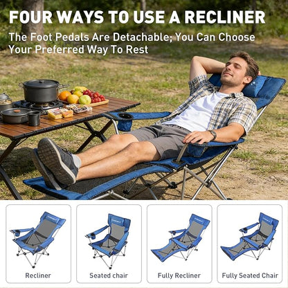 Zero Gravity Chair, Reclining Camping Chair with Padded Pillow, Cup Holder, Storage Pocket & Carry Bag, 4-in-1 Portable Camping Recliner for Outdoor, Beach, Garden, and Backyard - Blue Mesh