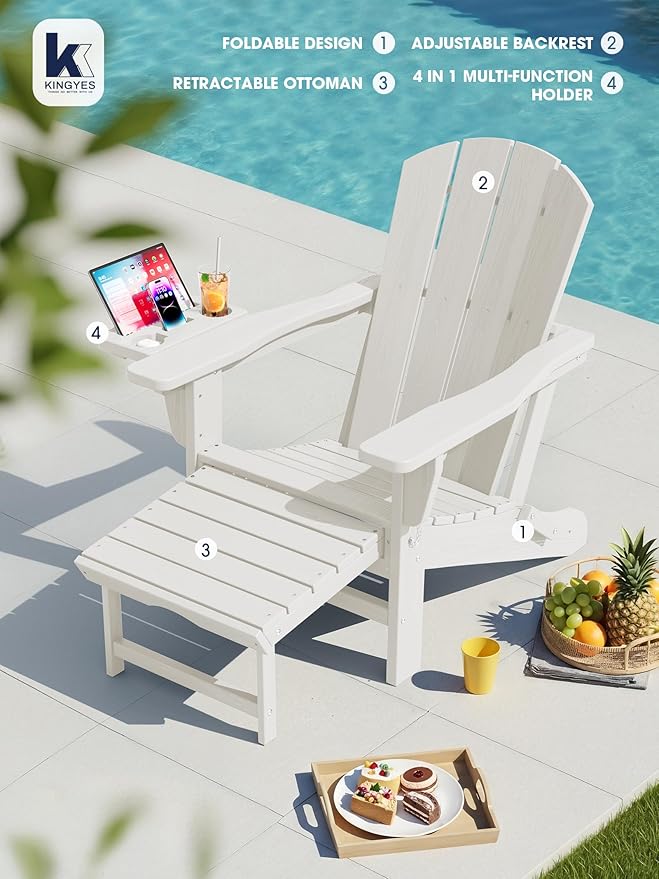 KINGYES Adjustable Folding Adirondack Chair with Footrest & 4-in-1 Multi-Functional Armrest Organizer Set of 2 - Photo 7