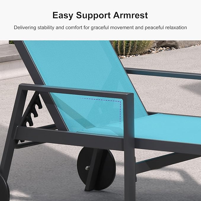 PURPLE LEAF Patio Lounge Chair Set of 3 Outdoor Chaise Lounger Aluminum Frame with Armrest Side Table and Wheels for Pool Outside Sunbathing Tanning Recliner Including Pillows Turquoise Blue