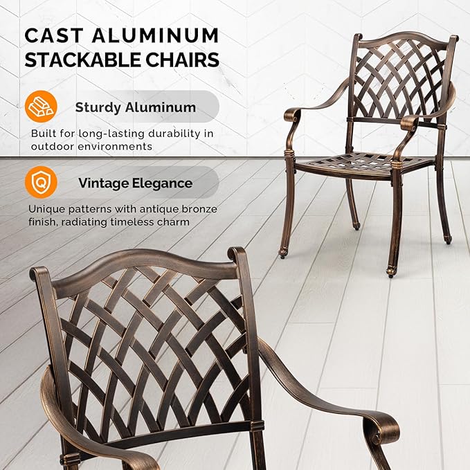 VINGLI Patio Chairs Set of 4 - Stackable Outdoor Cast Aluminum Dining Chairs with Vintage Bronze Finish and Diamond Pattern, Metal Armchairs for Poolside, Backyard, Balcony (No Cushion)