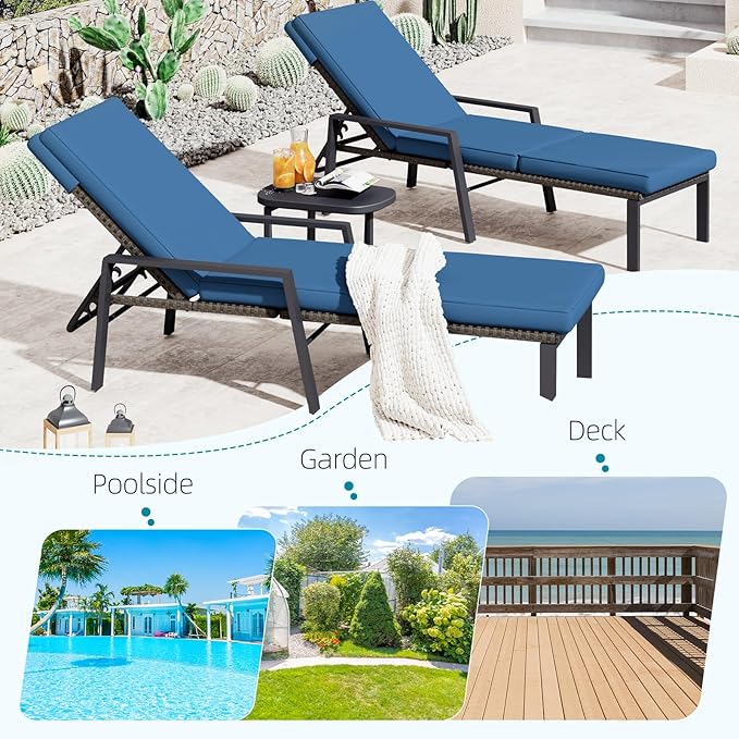 AECOJOY Lounge Chair Outdoor Set of 2, Adjustable Wicker PE Rattan Patio Chaise Chairs with Removable Cushion for Beach, Pool, Lawn, Black Rattan&Dark Blue Cuchion