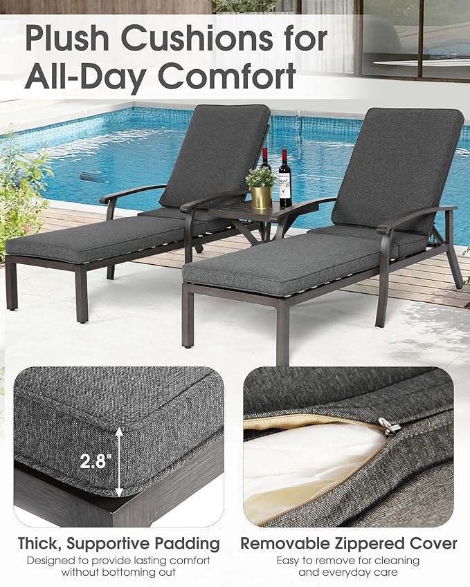 HOMEFUN Chaise Lounge Chair Set of 2, Hand-Finished Wood Grain Cast Aluminum Reclining Loungers with Cushions - Photo 6