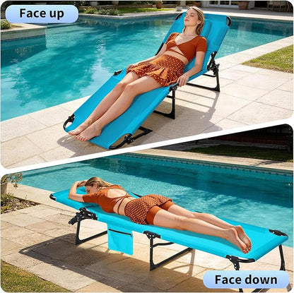 Tanning Chair with Face Hole Folding Beach Lounge Chair,5-Position Adjustable Backrest, Pillow & Side Pocket,Portable Face Down Chaise Lounge for Outdoor Backyard Poolside,Beach, Patio,Blue