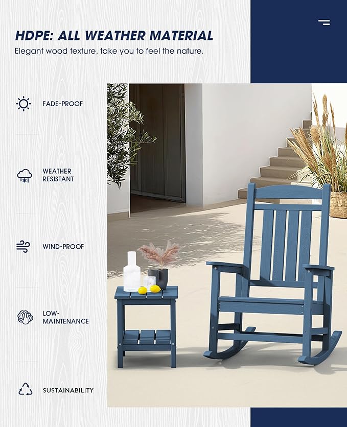 KINGYES Oversized Outdoor Rocking Chair Set of 4, HDPE Patio Rocking Chairs with 330lbs Support for Adults, Navy