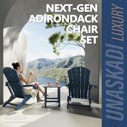 Folding Adirondack Chair with Cup Holder, HDPE All Weather Resistant Plastic Outdoor Patio Chairs, Heavy Duty Fire Pit Seating for Backyard Lawn Garden, Wooden Textured Design(Navy Blue)